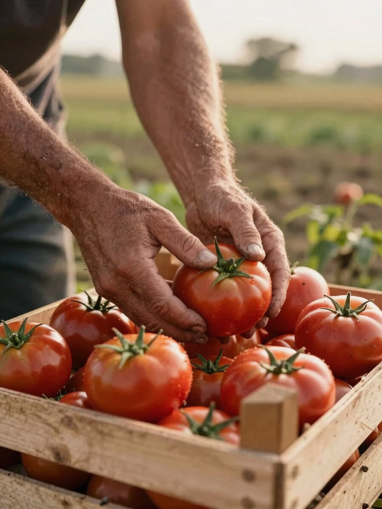 Tight detail of a farmer's hands transferring freshly harvested tomatoes into a wooden crate in an open field, morning side-light, soil visible on fingertips, earthy warm palette, documentary framing