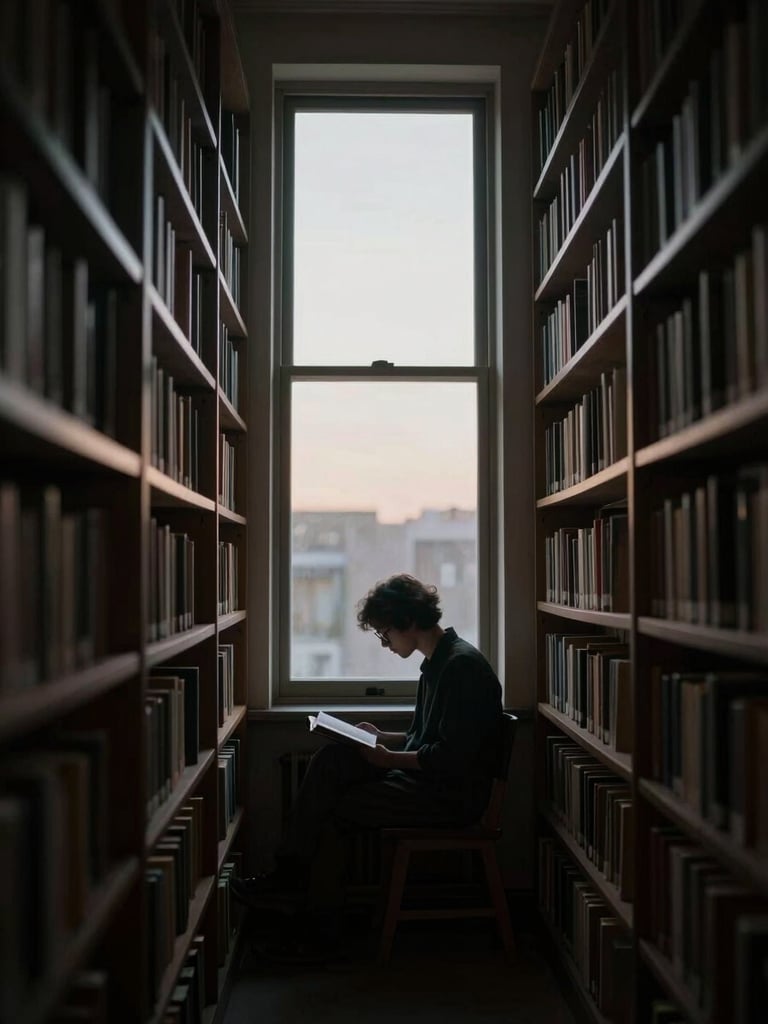 An atmospheric portrait of a writer in a dimly lit library, soft twilight filtering through a high window, surrounded by towering bookshelves, desaturated dark tones, shallow depth of field.