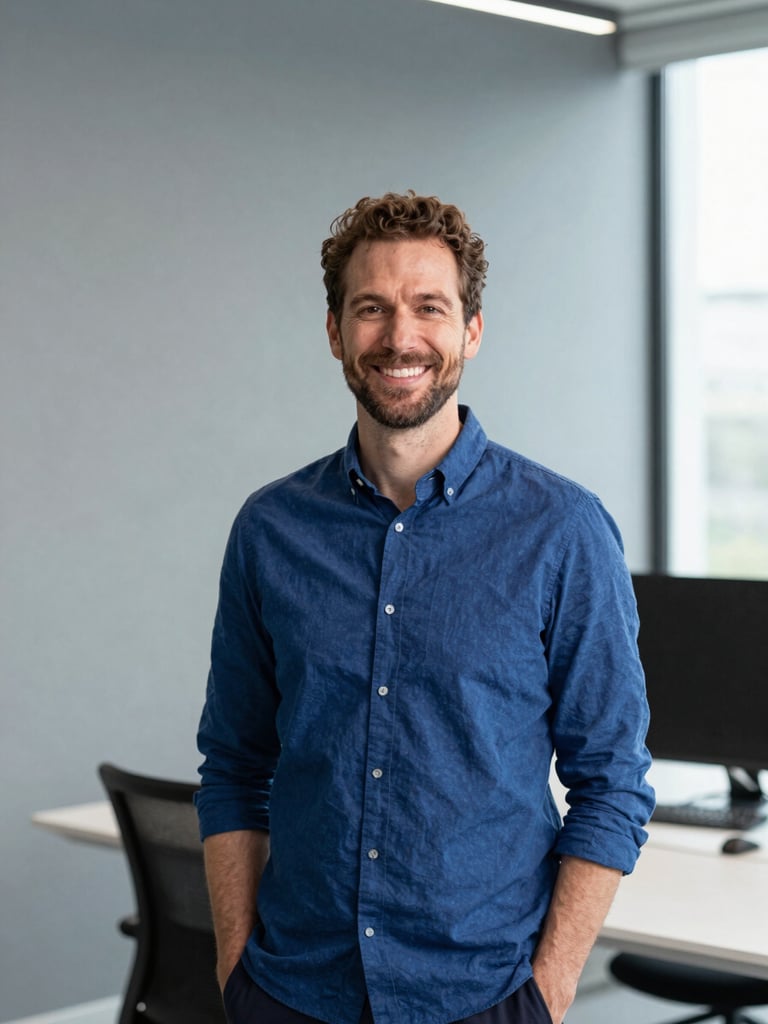 Professional and approachable portrait of Emiel De Smet, mid-shot, smiling warmly, in a modern, clean office environment with soft, natural light, reflecting the brand's technical precision and human touch.