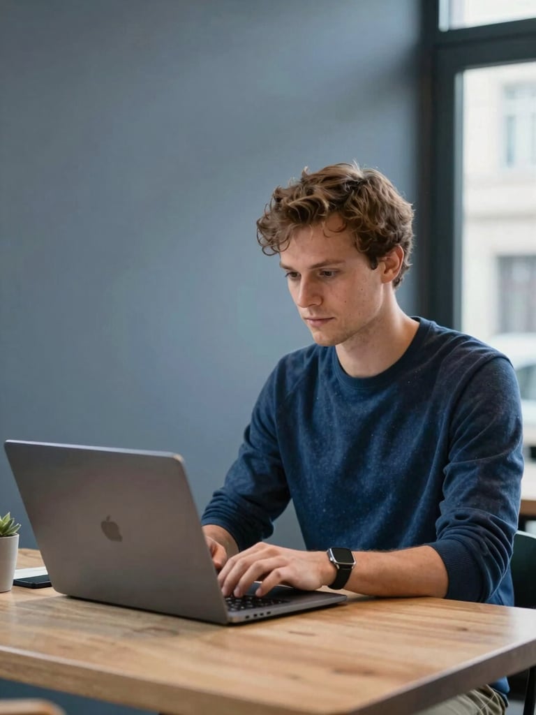 Emiel De Smet travaillant sur un ordinateur portable dans un café moderne de Blois, lumière naturelle douce, composition propre, montrant son engagement local et son approche accessible.