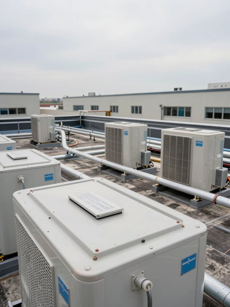 Wide environmental shot of a commercial flat rooftop with HVAC equipment and conduit runs under even overcast daylight, no people, facility exterior visible in background, tight framing on mechanical nameplate detail in foreground