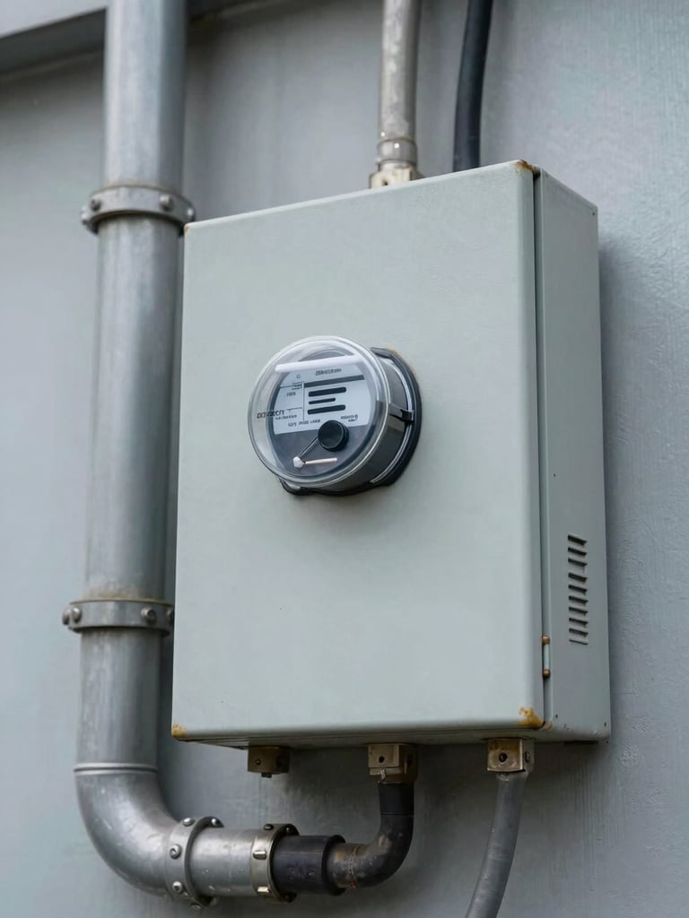 Close-up of an energy meter panel on a commercial building exterior, conduit and wiring visible, weathered metal surface, flat overcast daylight, no people, sharp industrial detail