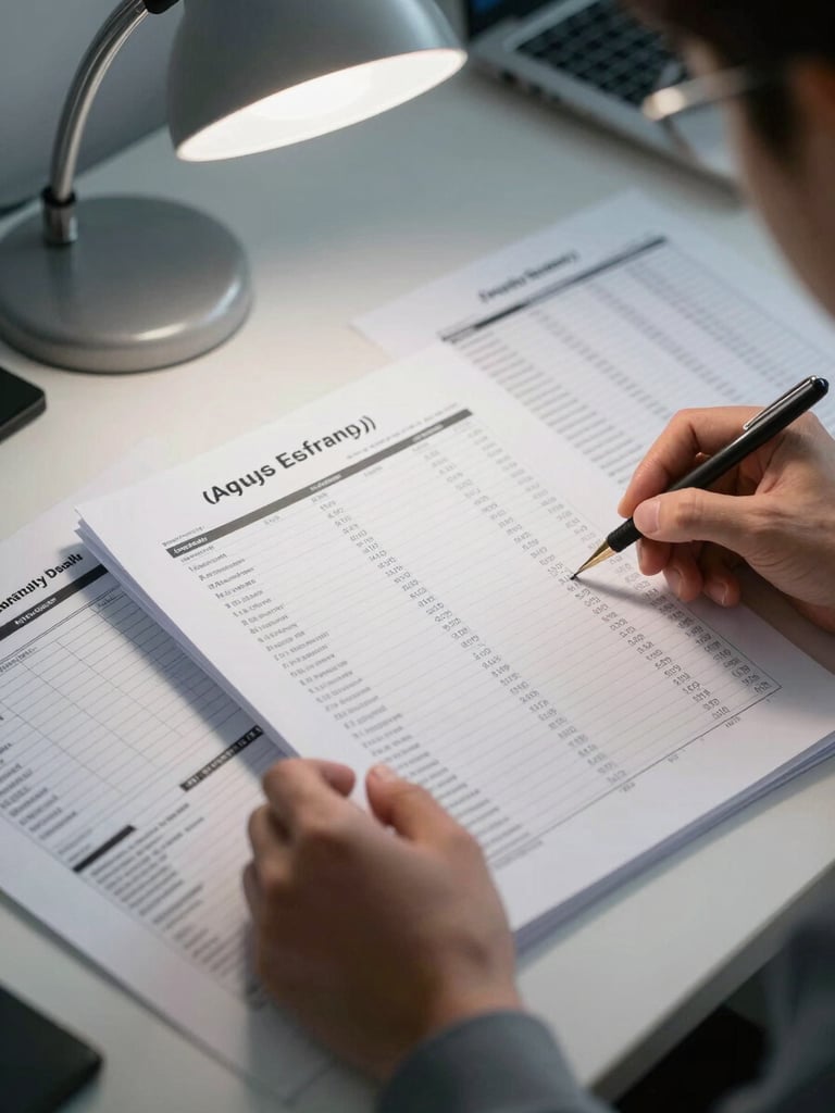 Facility manager reviewing printed energy usage spreadsheets at a desk, overhead office lighting, papers and a utility bill visible on the desk surface, no faces shown
