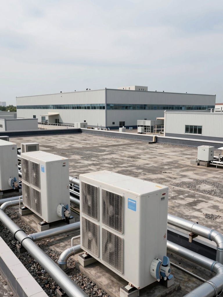 Wide-angle rooftop of a large commercial facility at midday, HVAC equipment and conduit runs visible in the foreground, flat gravel roof extending to the horizon, overcast industrial daylight, no people