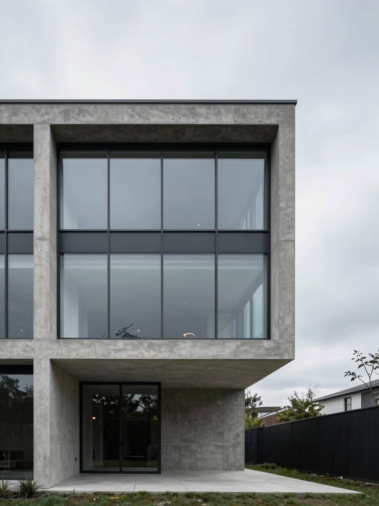 Straight-on architectural elevation of a modern concrete and glass villa, overcast lighting, sharp details, minimalist geometry, negative space on the right.