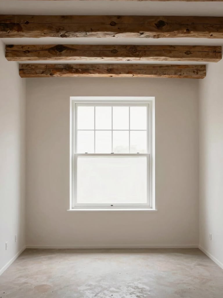 Straight-on architectural photography of a restored living room with exposed timber beams, bright natural window light, clean neutral tones, sharp focus