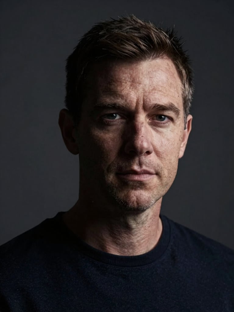 Tight, character-focused portrait of an Irish creative director, dramatic chiaroscuro lighting with deep shadows on one side of the face, sharp rim light sculpting the jawline, dark charcoal studio background, editorial style.