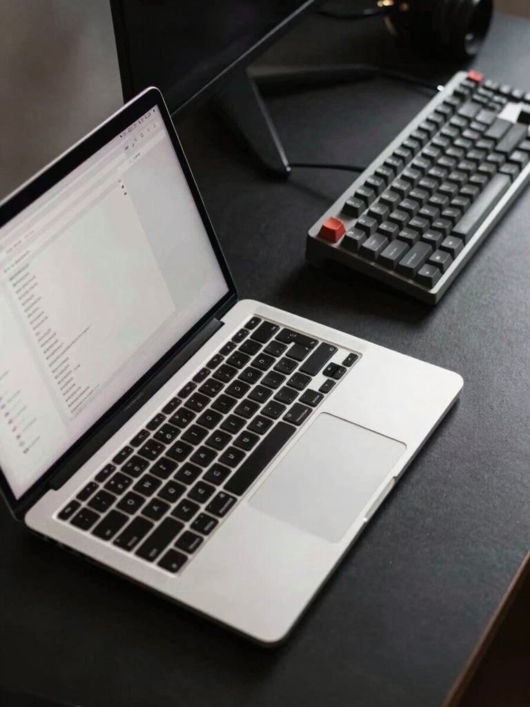 Overhead close-up of a clean desk: a single open laptop showing a minimal dashboard interface, a mechanical keyboard to the right, studio light casting sharp hard shadows across a matte black surface, no people, no clutter