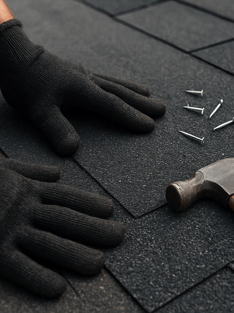 Close-up of a roofer's gloved hands pressing asphalt shingles flat on a roof deck, roofing nails and a hammer visible on the surface, overcast natural daylight, tight documentary framing