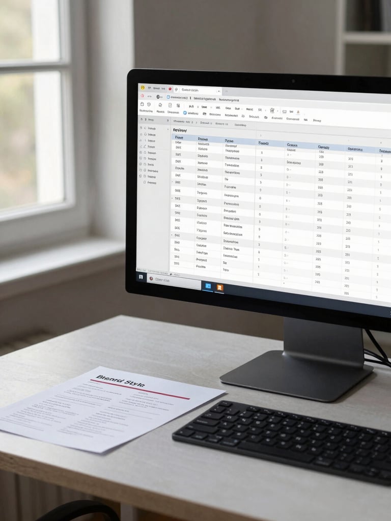 Medium shot of a workstation desktop showing a product listing review workflow — a monitor displaying a structured spreadsheet of SKU titles and keyword fields next to a printed brand style guide document, neutral daylight from a window at left, no person visible, clean organized surface