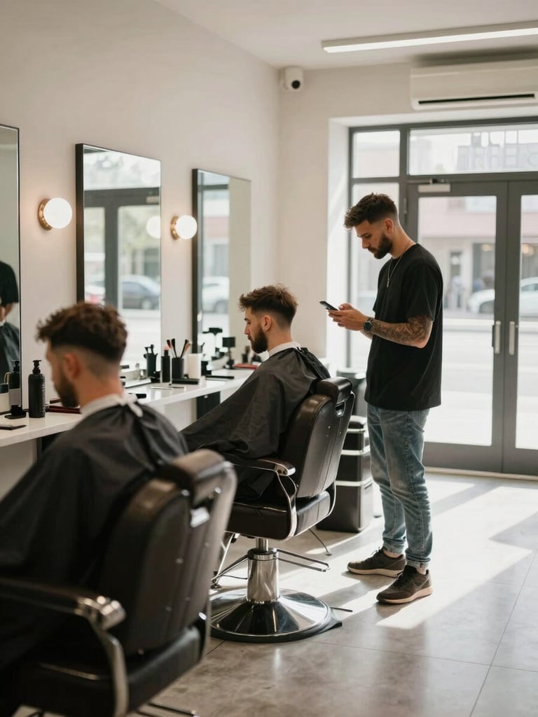Wide interior of a clean barbershop, a barber checking his phone at the counter while a client waits in the chair, natural daylight through the storefront window, muted warm tones, no eye contact with camera