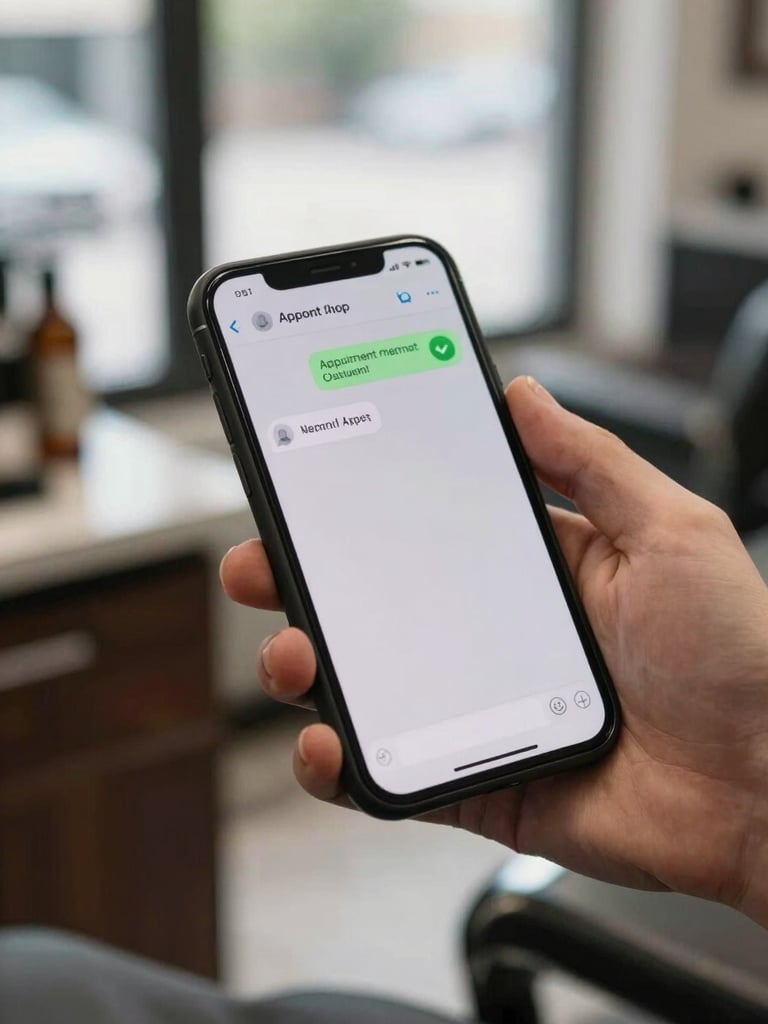 Close-up of a hand holding a smartphone, WhatsApp chat open showing an appointment confirmation message with a green checkmark, natural daylight from a window, barbershop counter blurred in background