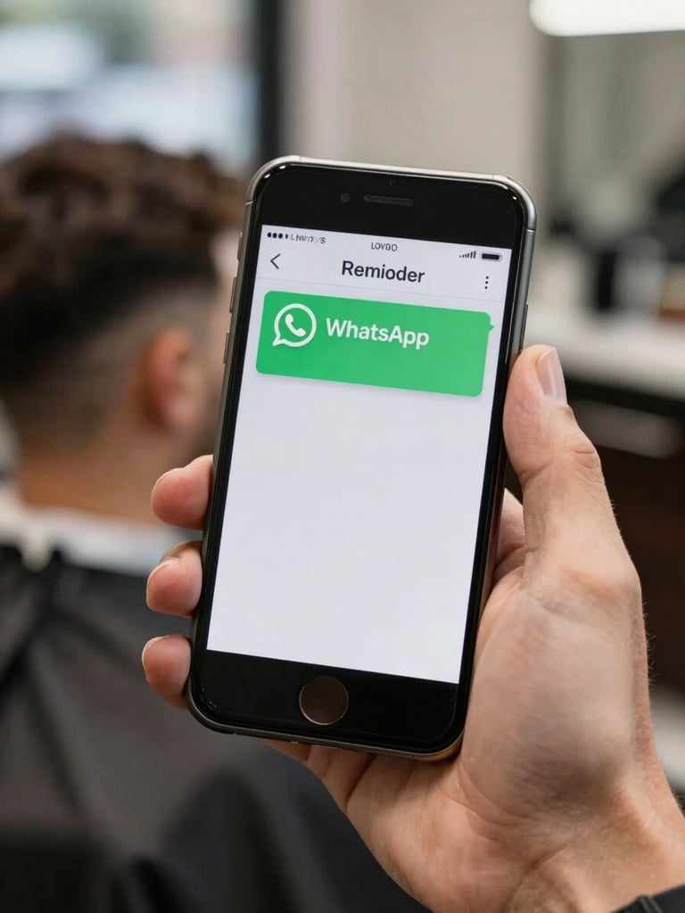 Close-up of a hand holding a smartphone showing a WhatsApp appointment reminder notification on screen, barbershop environment blurred in background, flat natural daylight, no dramatic shadows
