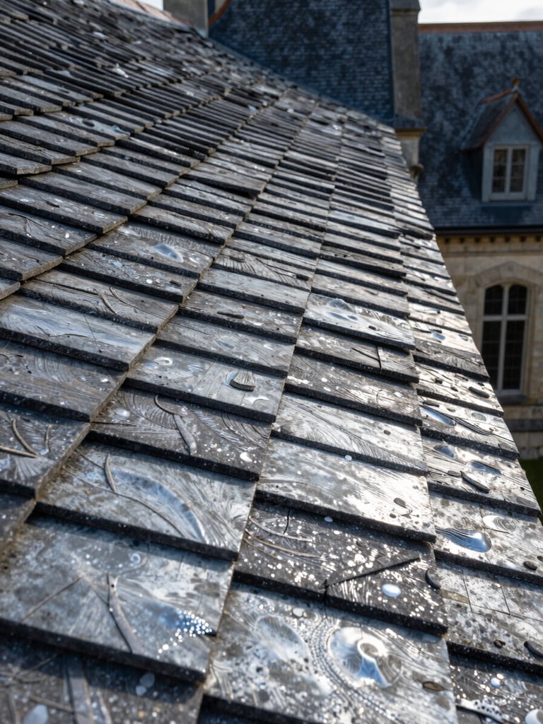Vue rapprochée d'une toiture en ardoises neuves sous une lumière naturelle de matin d'hiver à Fontainebleau, alignement parfait des ardoises et finitions en zinc étincelantes.