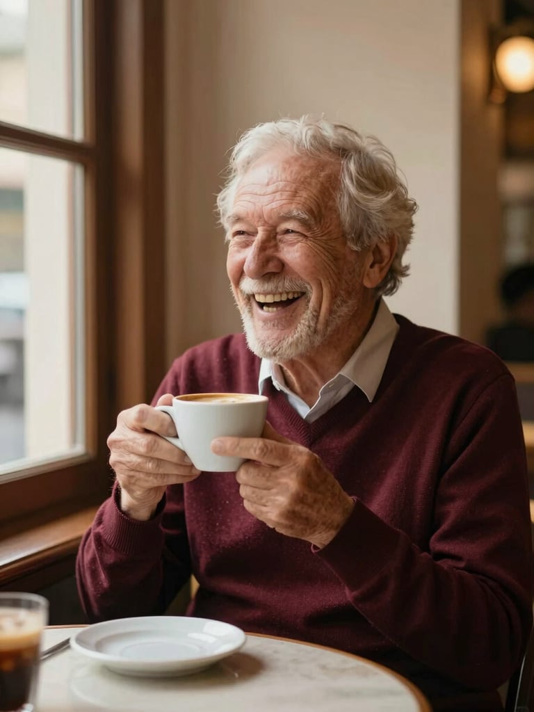 Warm environmental portrait of an active senior laughing while enjoying coffee in a cozy reading nook, rich maroon and cream tones, shallow depth of field.