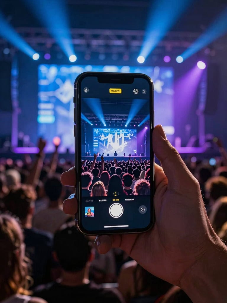 Close-up environmental frame: a hand holding a smartphone above a dense concert crowd, the screen showing real-time sentiment data overlaid on a live streaming feed of the same stage visible in the background; electric blue and violet accent lighting raking across the scene; stage floor and digital screen in the same breath