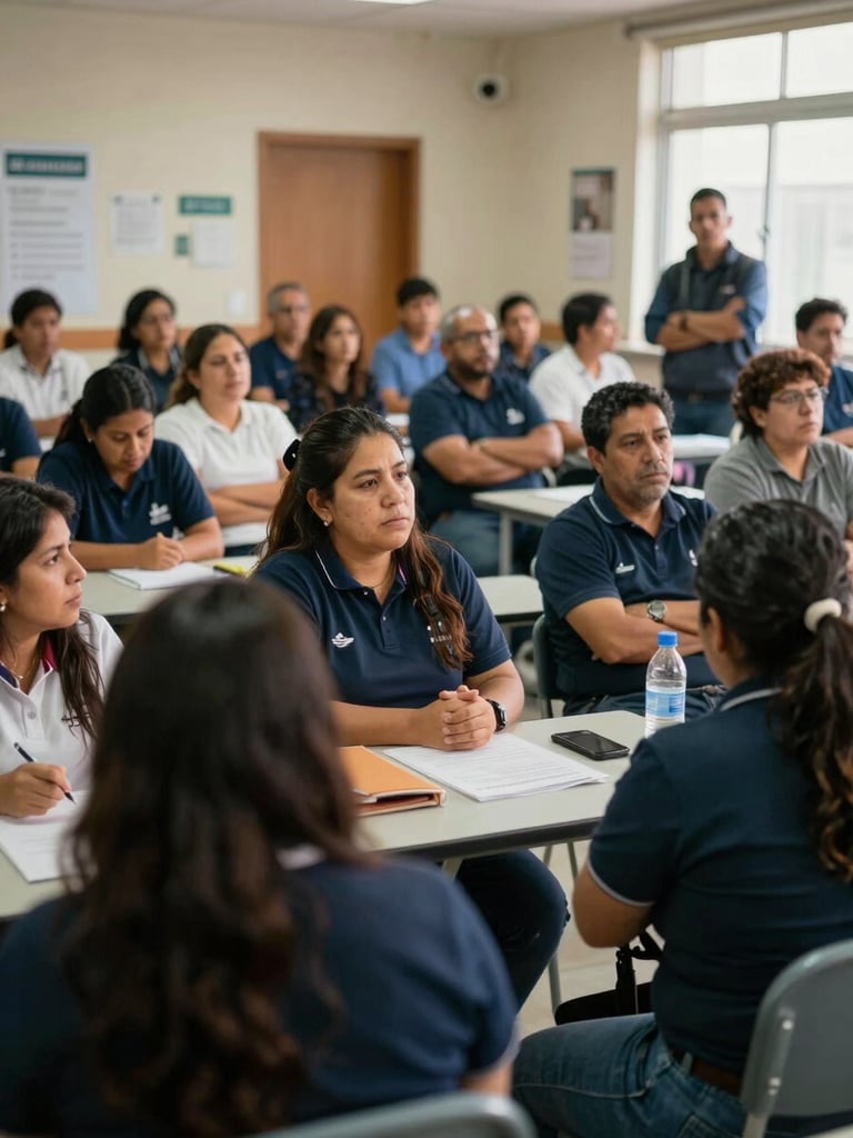 Trabajadores de la salud pública en una asamblea gremial activa dentro de un hospital chileno, conversando con determinación bajo luz de día natural.