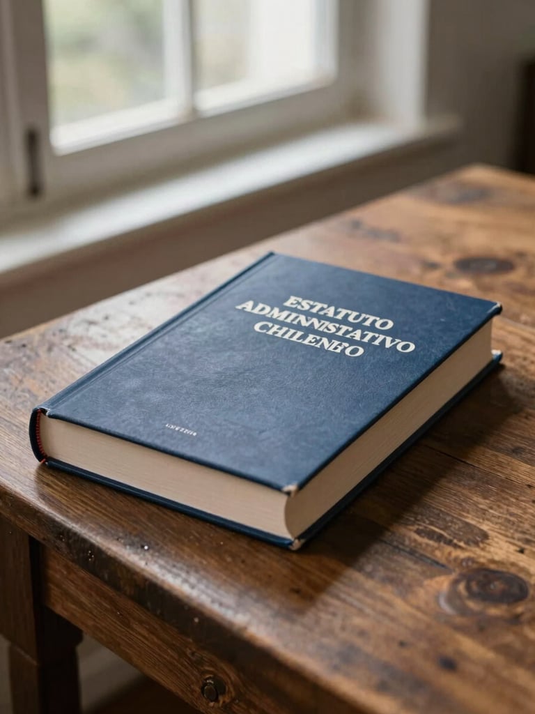 Primer plano de un libro del Estatuto Administrativo chileno sobre una mesa de madera rústica, luz natural de ventana lateral, enfoque nítido en el lomo del libro.