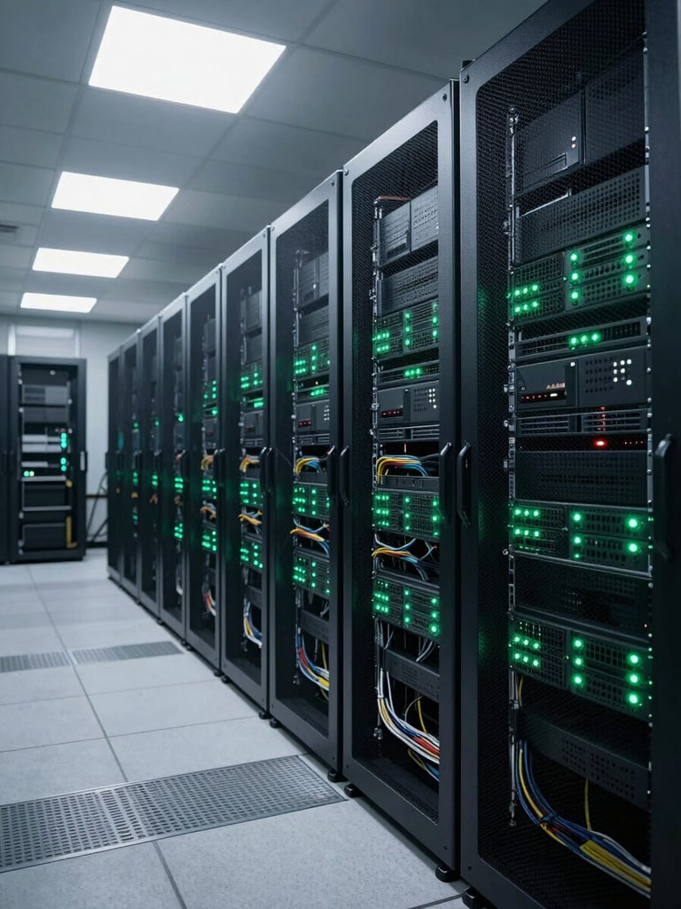 Wide shot of a production server rack room, overhead fluorescent lighting, dense cable management visible, status LEDs blinking green, deep perspective showing rows of infrastructure extending into the background — no people, no staged elements