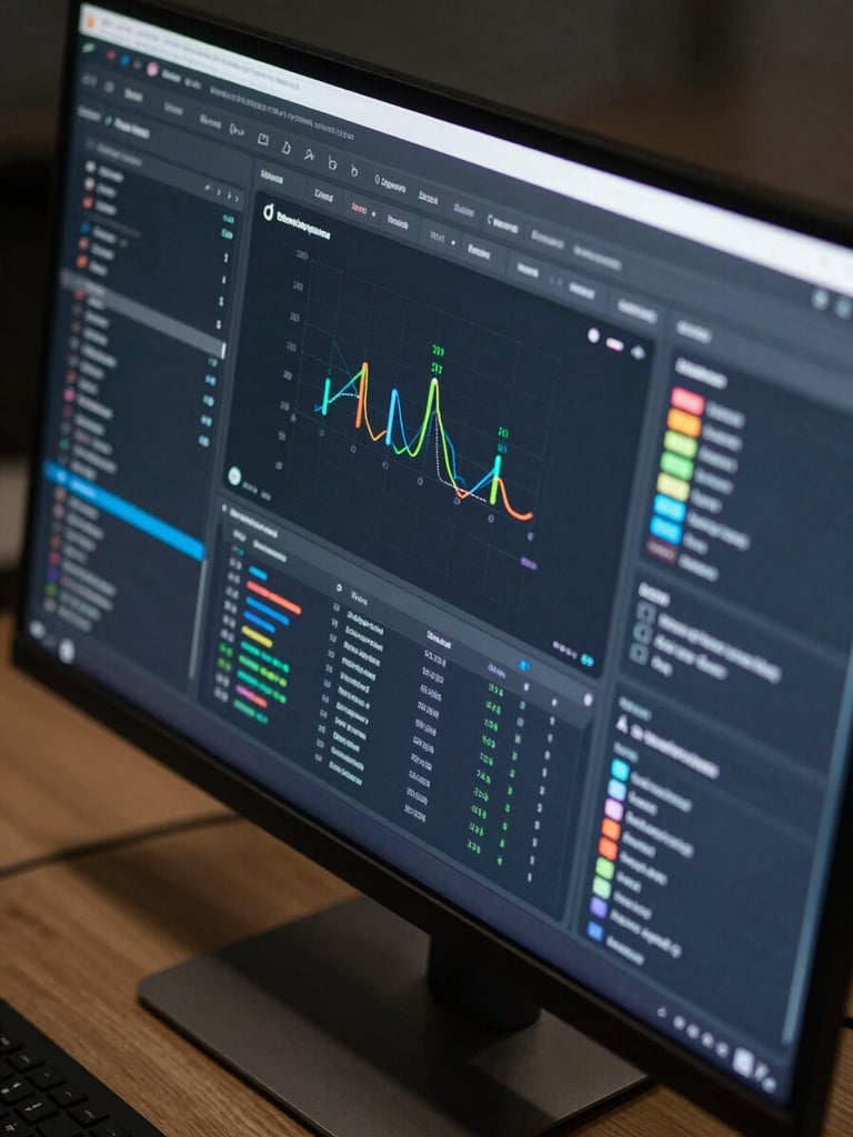 Close-up overhead shot of a enterprise software dashboard on a large monitor, complex data visualization panels visible, cool studio lighting, sharp focus on the interface, no people