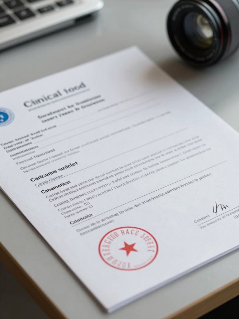 A close-up photograph of clinical credential documents on a slate gray desk, natural daylight, sharp focus on official stamps.