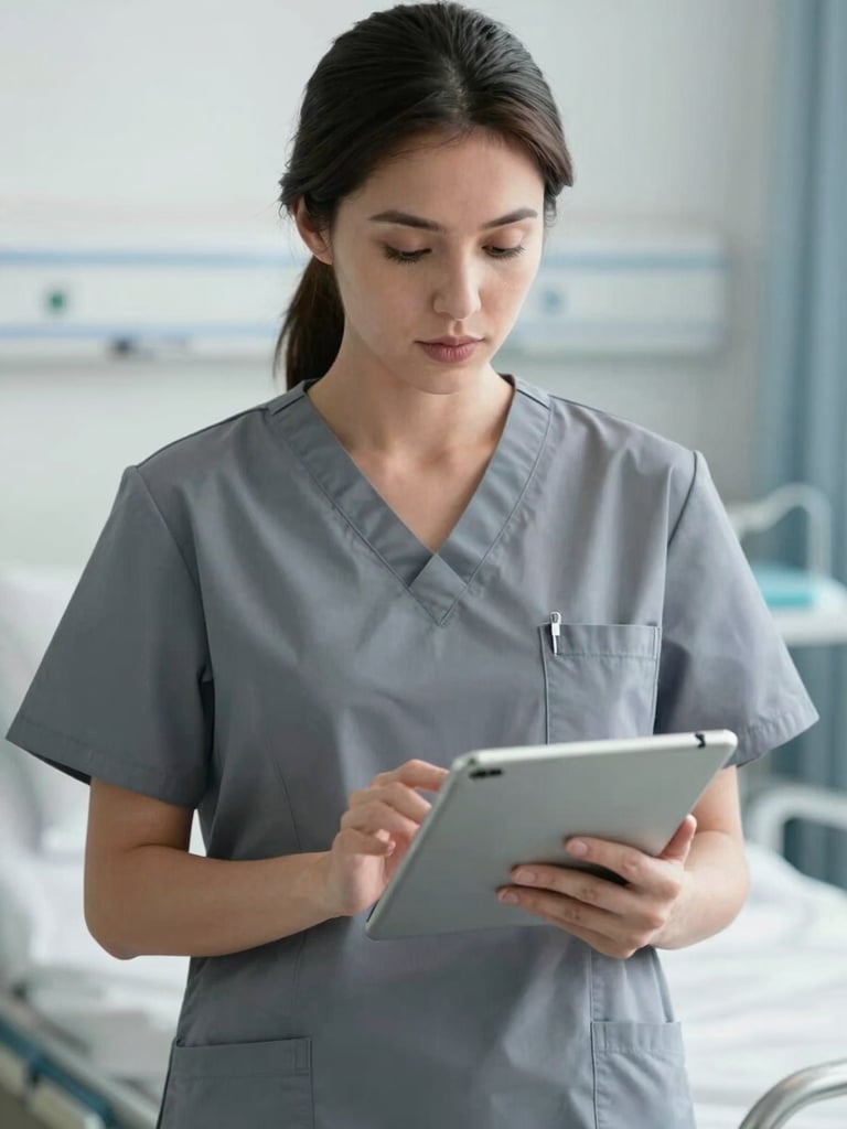 A focused female nurse in slate gray scrubs reviewing clinical charts on a digital tablet in a bright, modern US hospital ward, daylight-balanced, medium close-up.