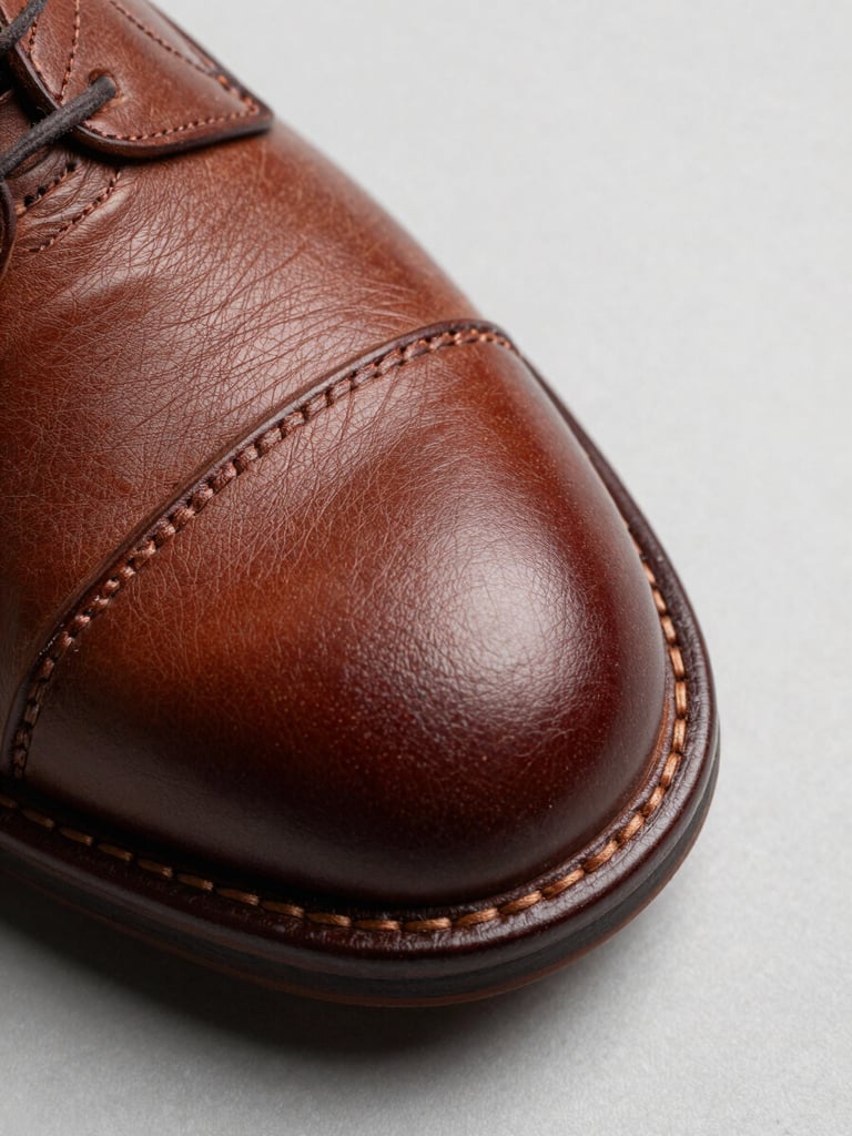 Close-up macro of a leather shoe sole edge and upper stitching seam on a neutral light grey surface, studio strobe light raking across the leather grain to reveal texture and precision, overhead slight angle, no models, no branding