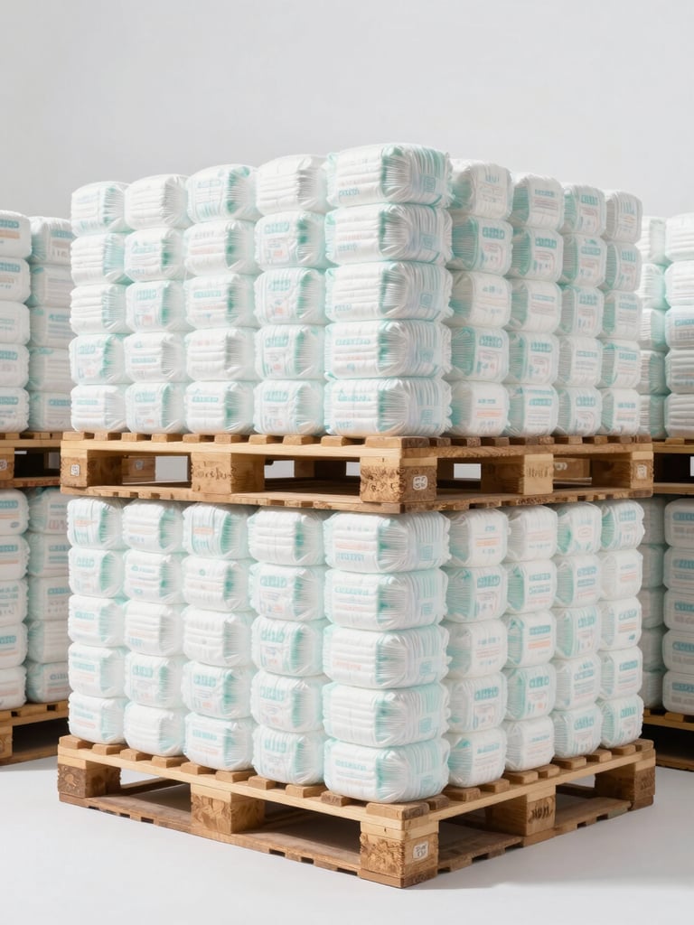 Neatly stacked bulk pallets of unbranded diaper cartons in a bright, clean, high-key warehouse with clinical B2B style lighting