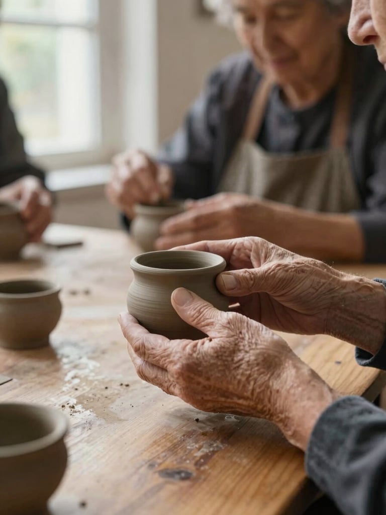 Close-up of an elderly woman's hands holding a small clay pot during a crafts session, natural window light from the left, warm wooden table surface, other hands slightly blurred in the background, intimate and documentary framing