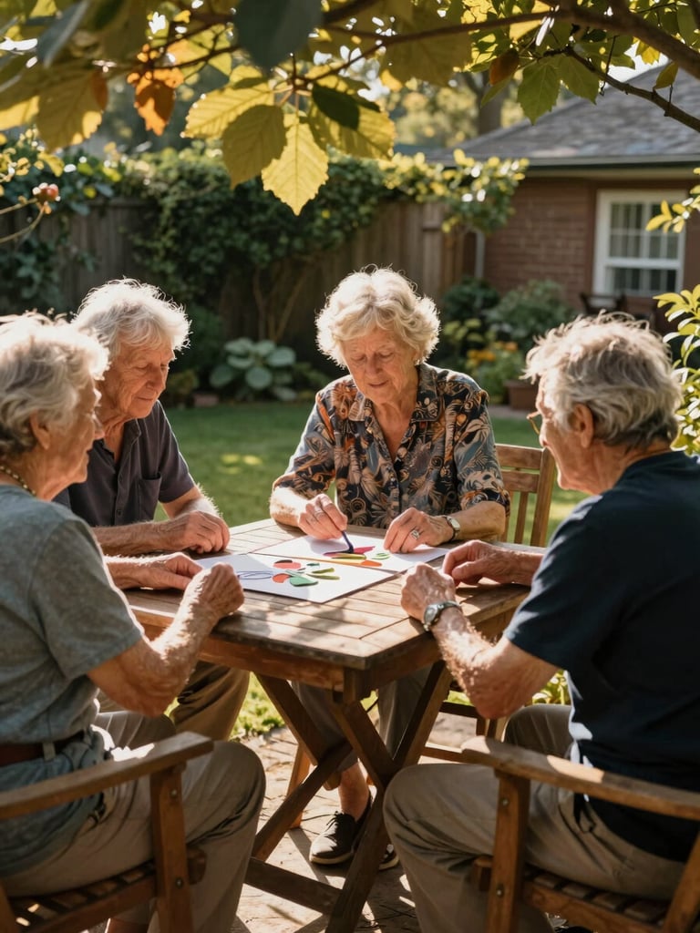 Close environmental shot of a shared garden patio in a care home, three elderly residents seated around a wooden table under dappled afternoon shade, hands resting on the table, a half-finished craft project visible, golden-hour light filtering through leaves, documentary framing