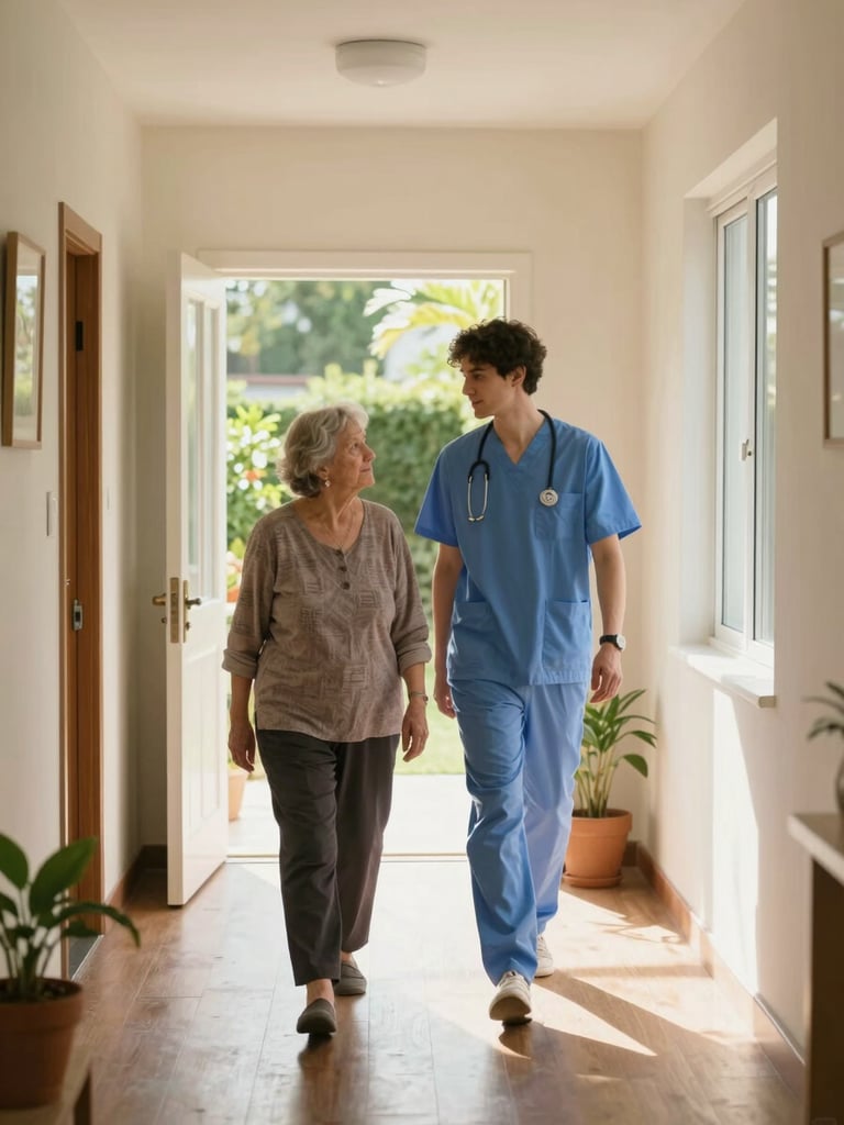 Wide environmental shot of a sunlit interior hallway in a residential care home, an elderly woman and a caregiver walking slowly side by side toward an open garden door, warm natural window light streaming from the right, soft cream walls, potted plants visible at the far end