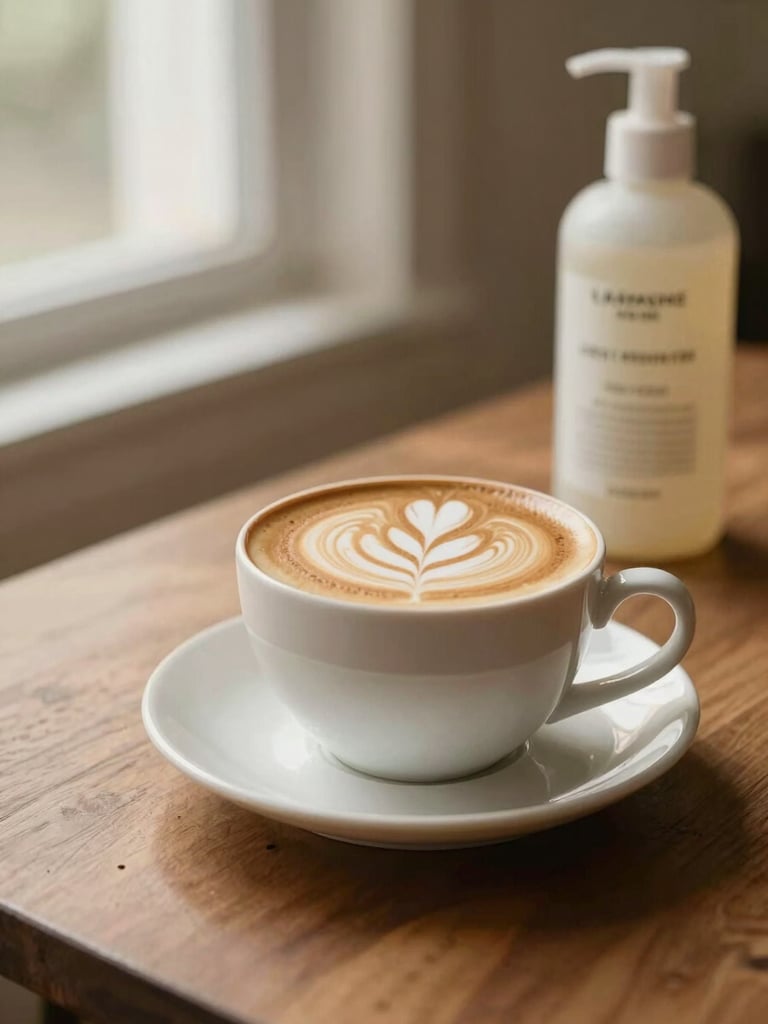 Warm editorial lifestyle shot of an elegant coffee cup with latte art sitting on a wooden table next to a botanical hair treatment bottle, soft morning light, shallow depth of field.