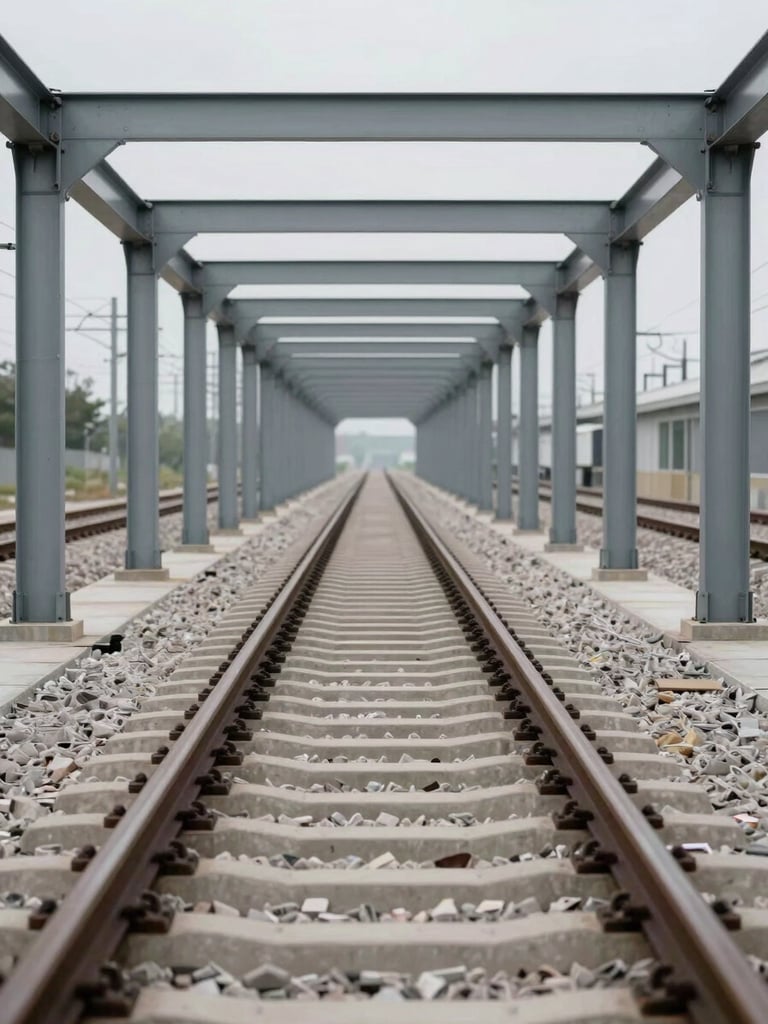 Close-up elevation view of a finished railway depot interior under diffused overcast light — steel portal frames, completed track bed, precise concrete finishes — shot from mid-aisle looking toward the far end, no personnel present