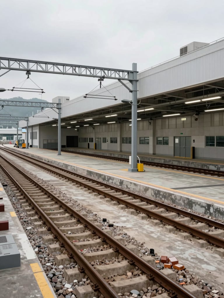 Wide panoramic shot of a completed MTR depot facility in Hong Kong, overcast daylight from the left, rail tracks receding into the facility interior, finished concrete platforms and overhead electrical gantries visible, no workers, no construction activity, facility fully operational