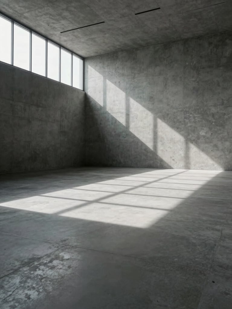 Wide-angle view of an empty, high-altitude institutional chamber, minimalist concrete walls, stark geometric angles cast by harsh window shadows, cold gray tones.