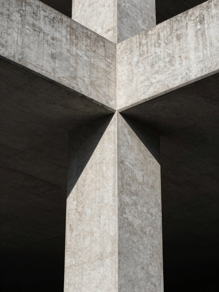 Stark close-up of heavy brutalist concrete architectural joints, sharp linear shadows, cold north-facing daylight, high-contrast, minimalist composition.