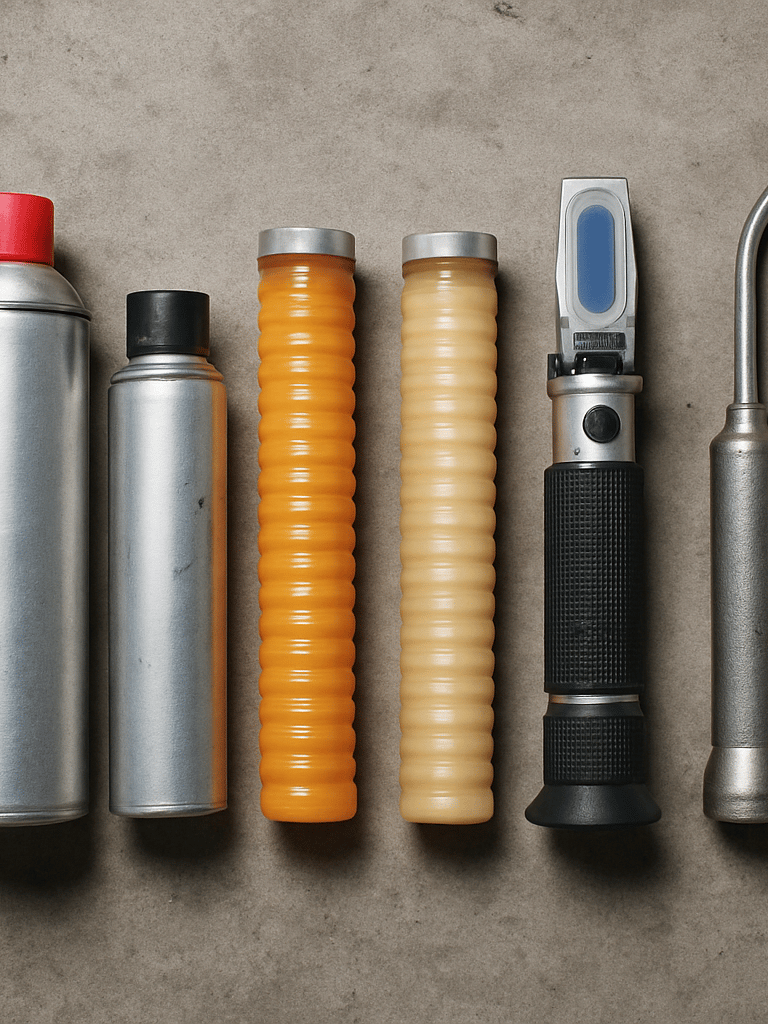 Overhead catalog arrangement on a concrete surface: a row of industrial lubricant containers — aerosol cans, sealed grease cartridges, a refractometer, and a metal applicator — shot from directly above under diffused studio strobe lighting, true color and viscosity visible, no lifestyle backgrounds