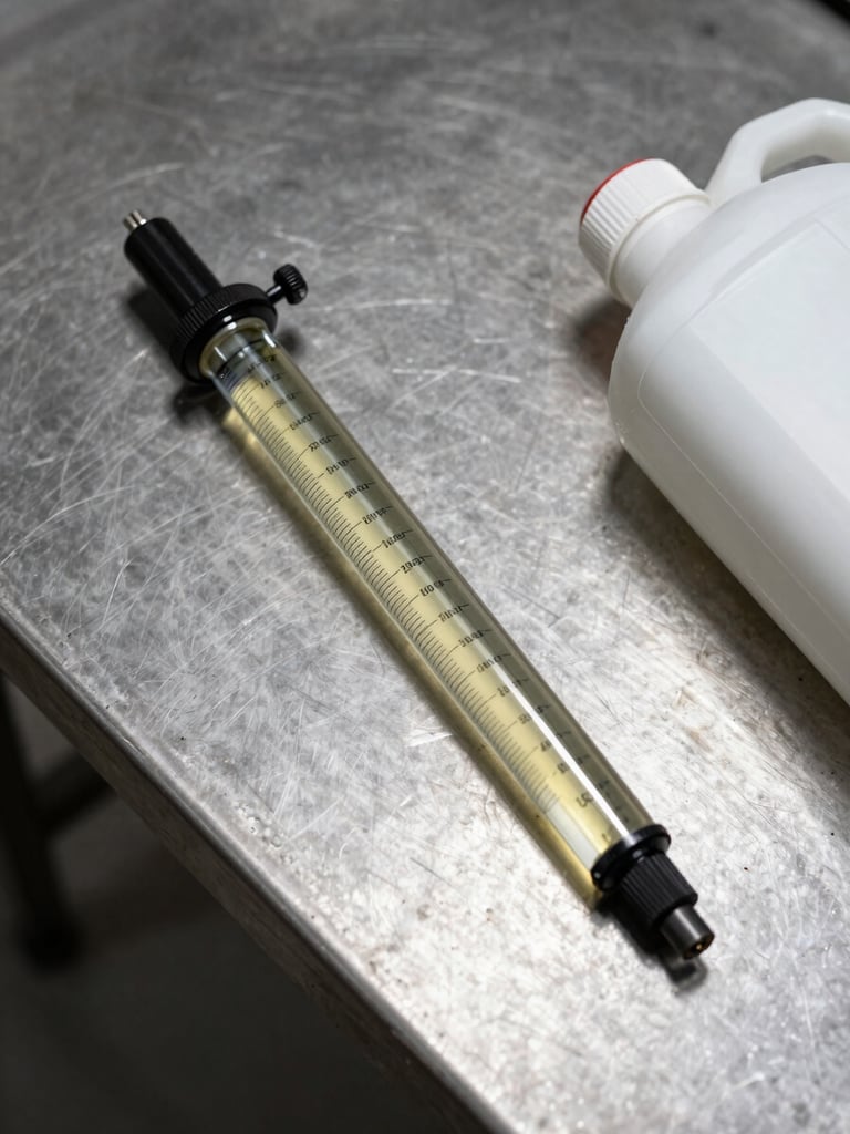 Overhead studio shot of a refractometer resting on a steel maintenance bench beside an open lubricant container, diffused strobe lighting showing true fluid color and instrument scale detail, concrete surface beneath, right-edge composition
