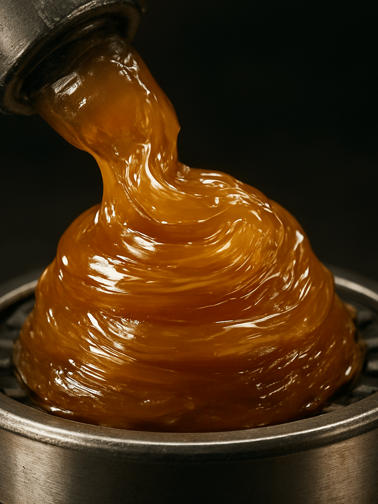 Extreme macro close-up of a thick amber industrial grease being pressed from a cartridge nozzle onto a steel bearing surface, diffused studio strobe lighting from above-left revealing the viscous texture and sheen of the lubricant, dark steel background out of focus, no text or labels visible