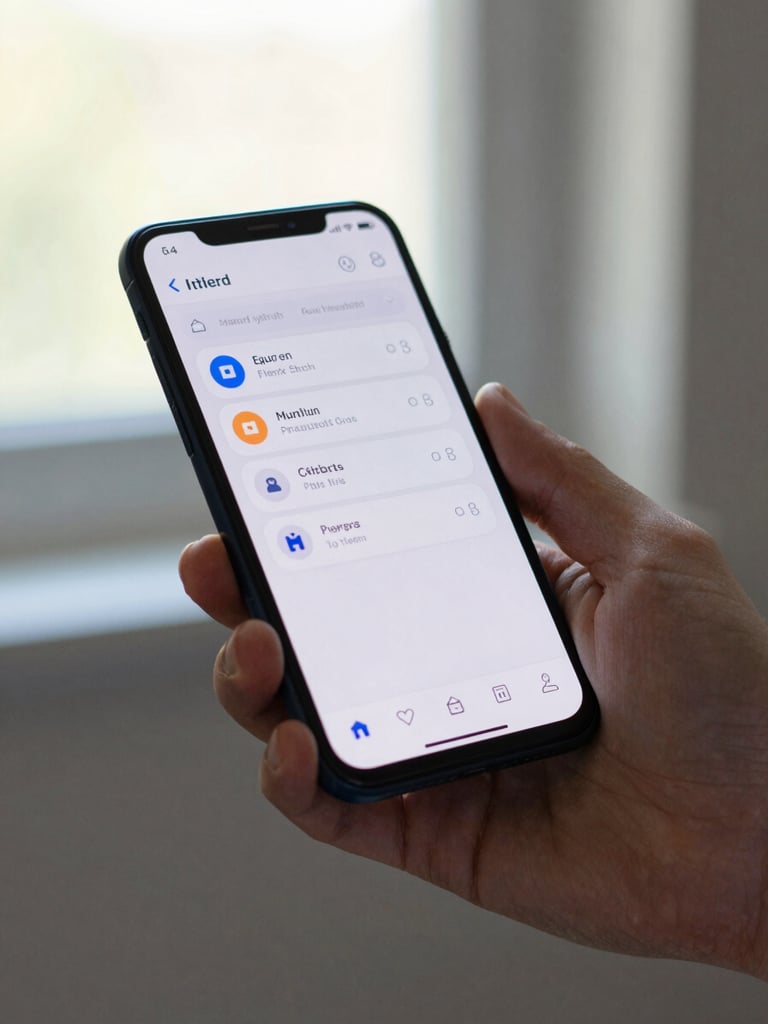 Close-up of a hand — thumb mid-tap on an Android phone screen, app UI visible in sharp focus, natural north-facing window light, forearm cropped at edge, background blurred to a soft neutral interior