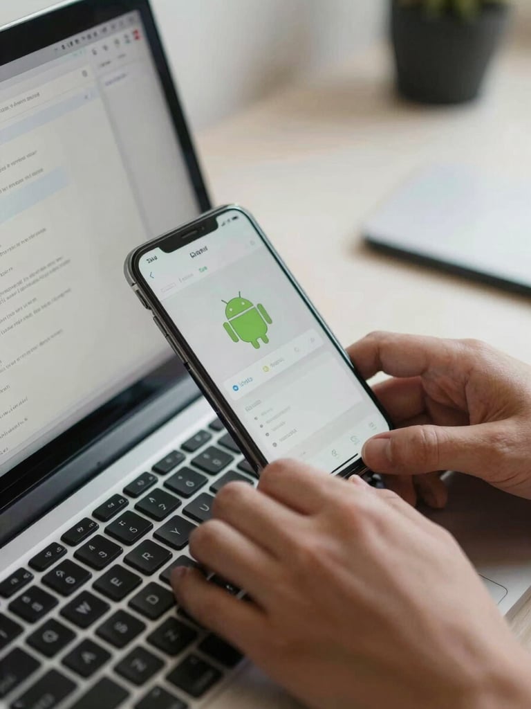 Close-up of a developer's hands on a keyboard at a natural-light desk, Android phone propped beside the laptop showing a UI in progress, focus on the screen and thumbs, ambient indoor daylight, no faces