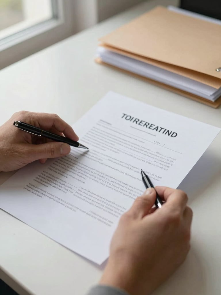 Close-up of hands arranging printed tenancy documents on a clean desk, a pen resting across a lease agreement, soft daylight from a window to the left, organised folders visible in the background