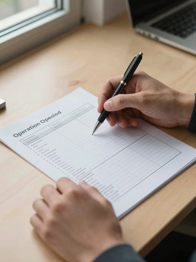 Close-up overhead of hands reviewing a printed operations checklist on a light wooden desk, a pen resting beside it, soft ambient office light from a window to the upper left, no faces visible