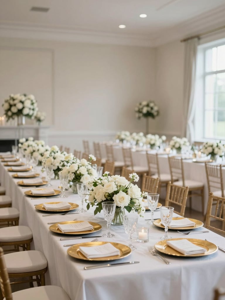 Wide environmental shot of a fully set wedding reception table running the length of a grand event hall — white linen, gold charger plates, tall white floral centerpieces, crystal stemware, neutral clean window light from the far right, no guests, generous negative space at top