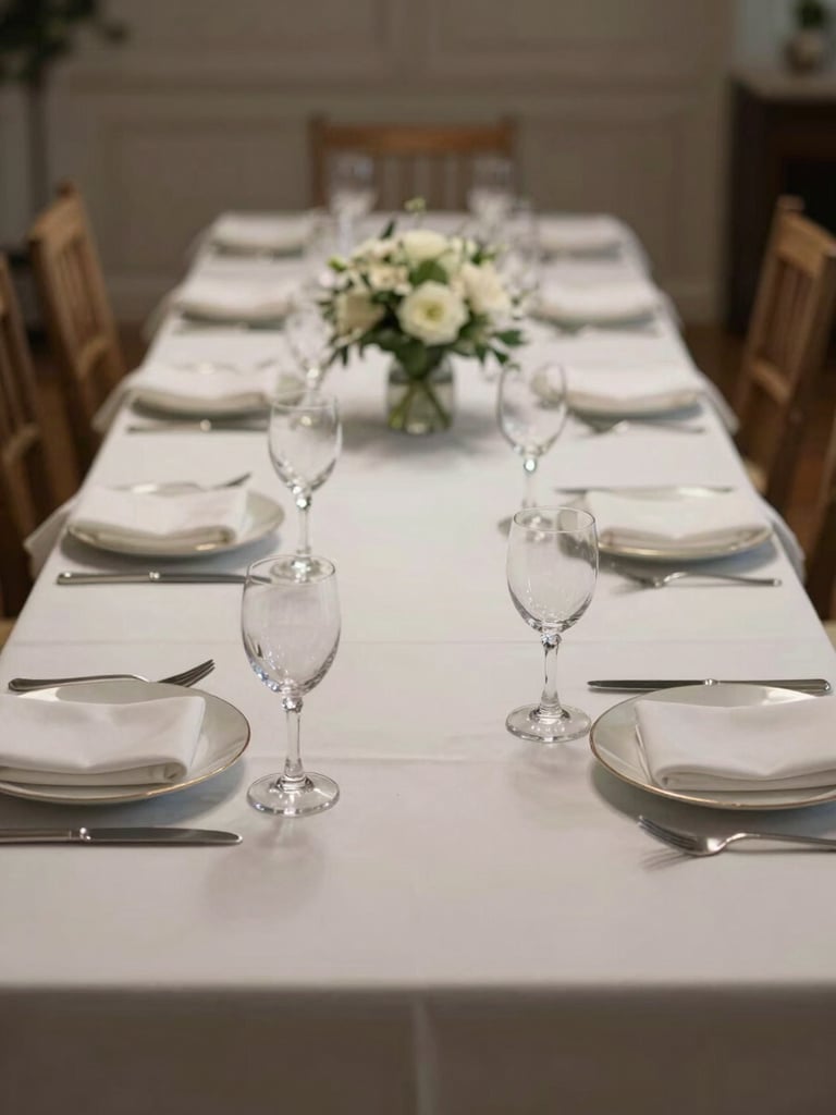 Wide editorial shot of an immaculately set banquet table viewed from one end, white linen, crystal stemware catching neutral studio light, a single floral centerpiece in the far third, deep depth of field, overhead-angled perspective, no people