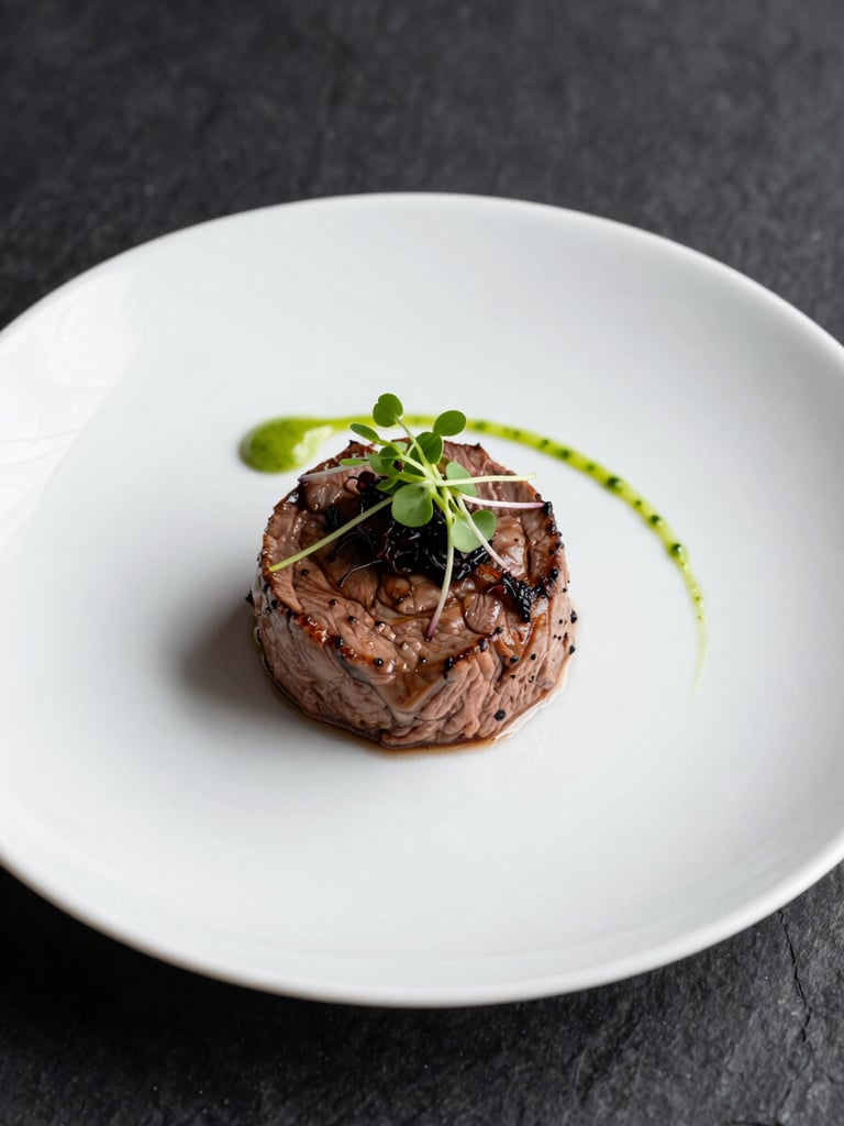 Close-up macro overhead of a single elegant dinner plate, precision-plated medallion of beef with micro-herb garnish and a thin sauce arc, studio strobe lighting, white bone china on a dark slate surface, sharp focus on the garnish detail
