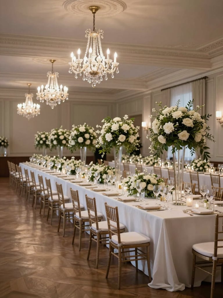 Wide environmental shot of a grand ballroom fully set for a gala dinner — long tables dressed in white linen, tall floral centerpieces, polished stemware catching chandelier light, no guests present, neutral overhead light, left-side framing with open aisle in the foreground