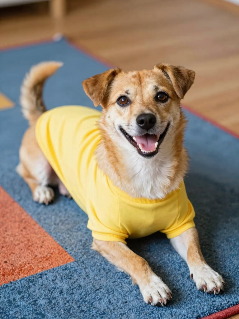 A happy small mixed-breed dog lounging comfortably on a colorful rug, wearing a soft custom-fit yellow shirt, looking up with bright eyes, natural daylight, warm atmosphere