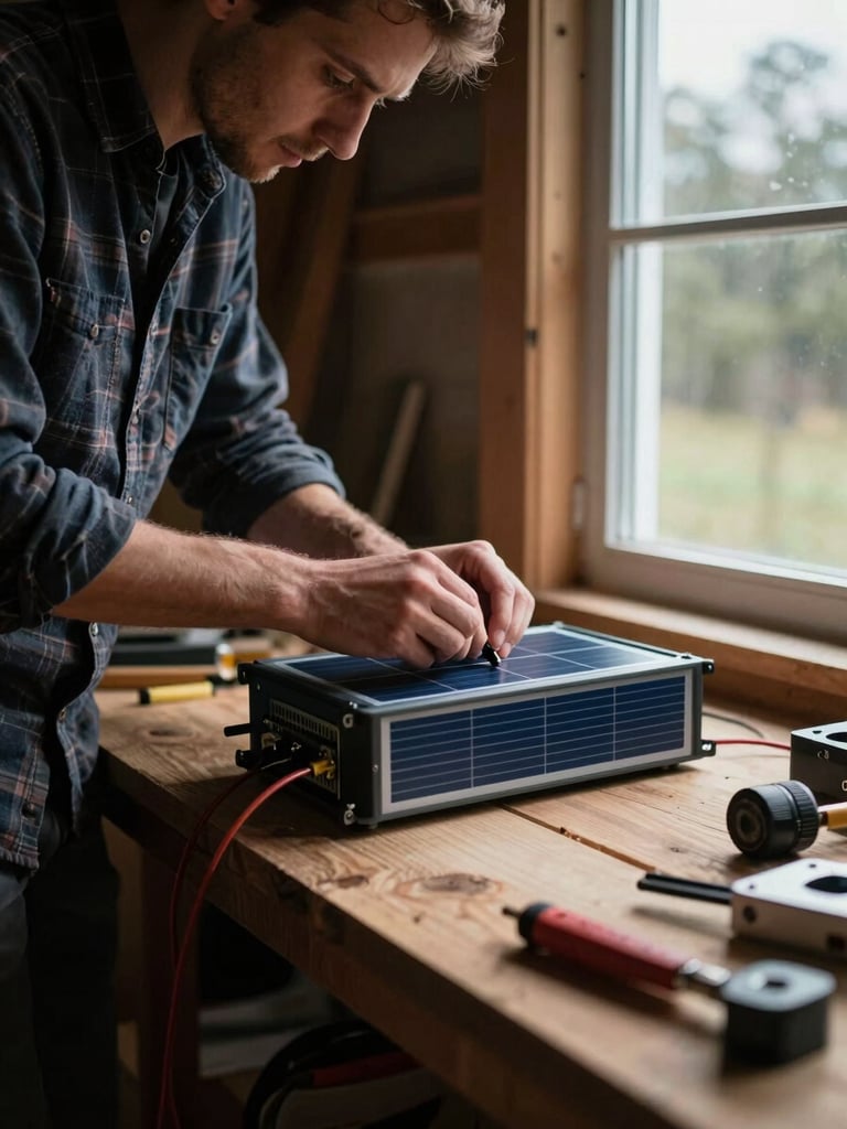 A close-up shot of a male creator in a flannel shirt working on a solar inverter installation inside a rustic timber workshop. High-contrast natural light spills from a side window, highlighting the raw wood grain, metallic tools, and wiring. Moody overcast atmosphere, 35mm lens, sharp focus.