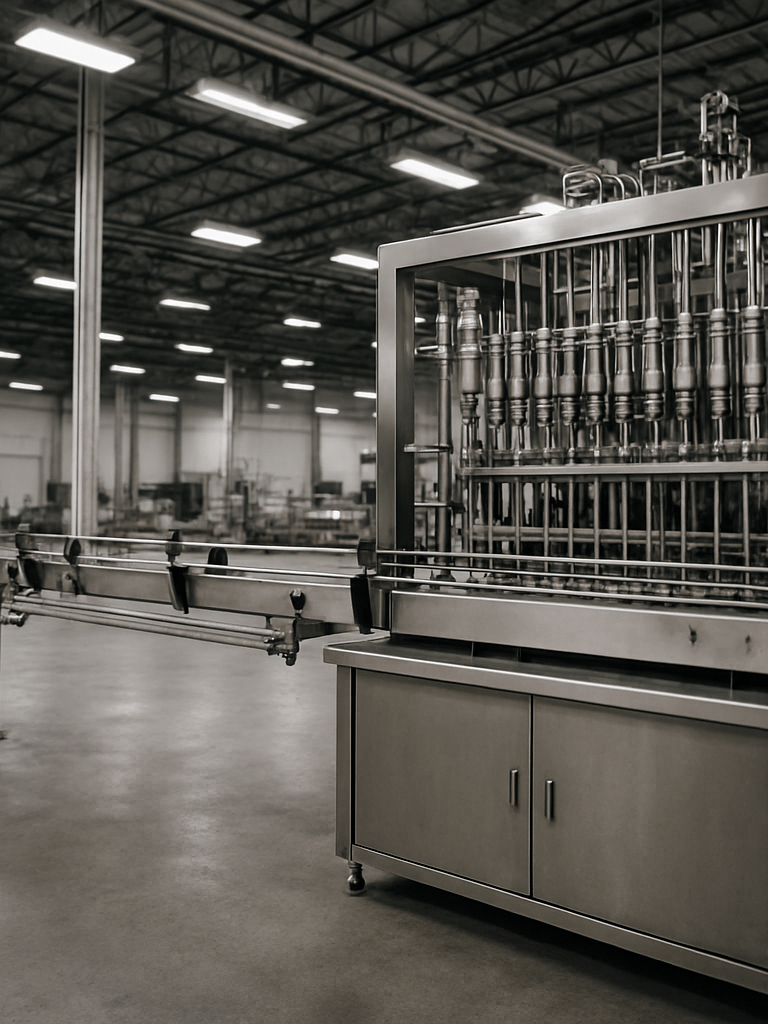 Wide factory floor shot, a large industrial liquid filling machine standing in the right two-thirds of frame, stainless steel nozzles and conveyor belt visible, bright fluorescent factory lighting from above, concrete floor and high-bay ceiling in background, no operators
